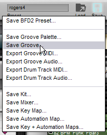 5:9 Grooves speichern und exportieren Grooves speichern Wenn Sie einen neuen Groove erzeugen, oder einen bestehenden Groove bearbeiten, können Sie diesen mit Hilfe der im BFD2 Save Menü in der