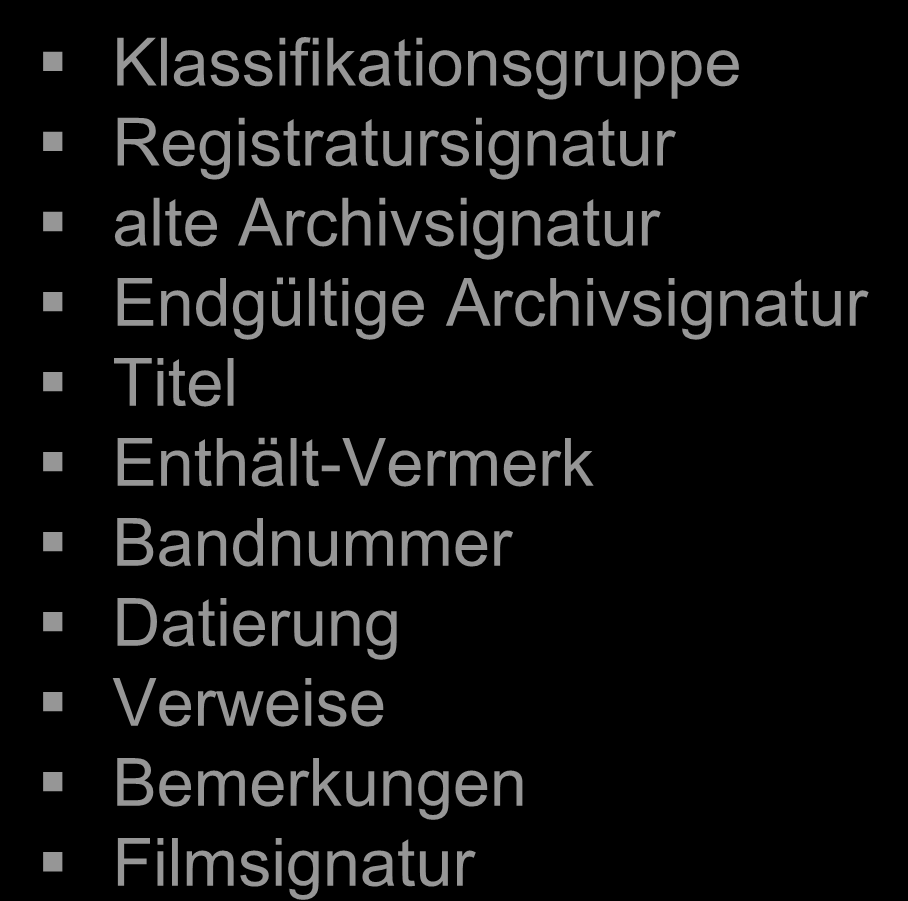 Verzeichnung Klassifikationsgruppe Registratursignatur alte Archivsignatur Endgültige Archivsignatur Titel Enthält-Vermerk