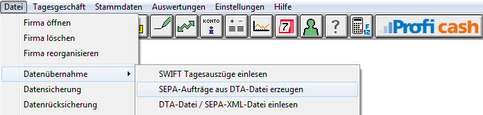 4.2 Lastschriftaufträge Über Datei -> Datenübernahme -> SEPA-Aufträge aus DTA-Datei