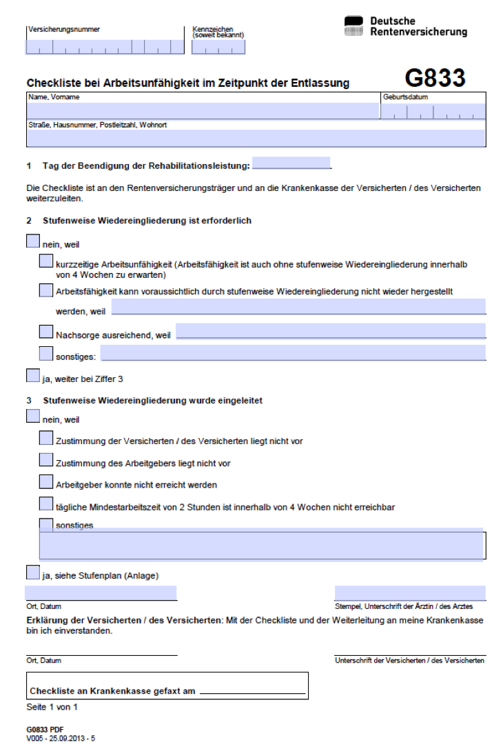 Anhang V Anhang V Formular G833: Checkliste bei Arbeitsunfähigkeit im Zeitpunkt der Entlassung (vgl.: www.