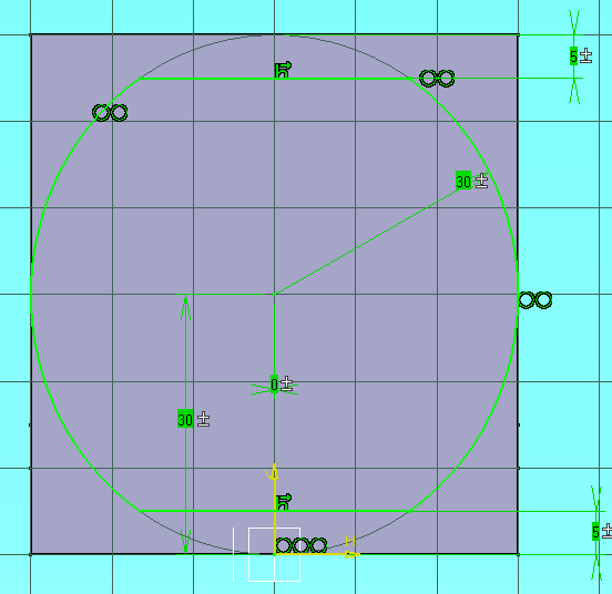 2. Kegelstumpf - Frontalfläche anklicken und Skizzierer - Kreis mit 30 mm Radius und oben und je eine zur Quadratseite 5 mm entfernt parallele Linie ziehen.