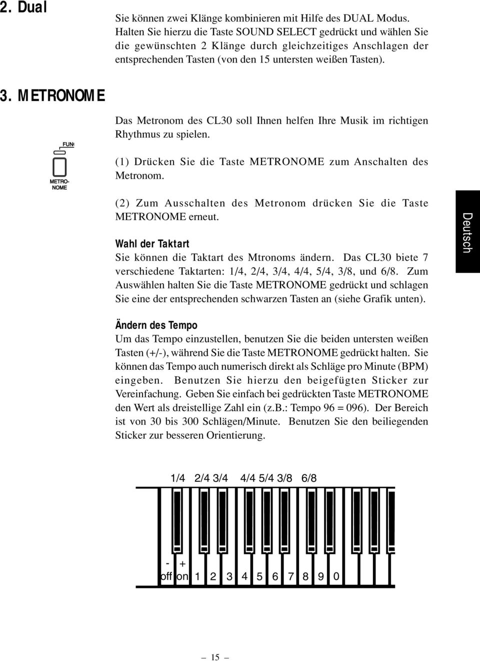 METRONOME Das Metronom des CL30 soll Ihnen helfen Ihre Musik im richtigen Rhythmus zu spielen. (1) Drücken Sie die Taste METRONOME zum Anschalten des Metronom.