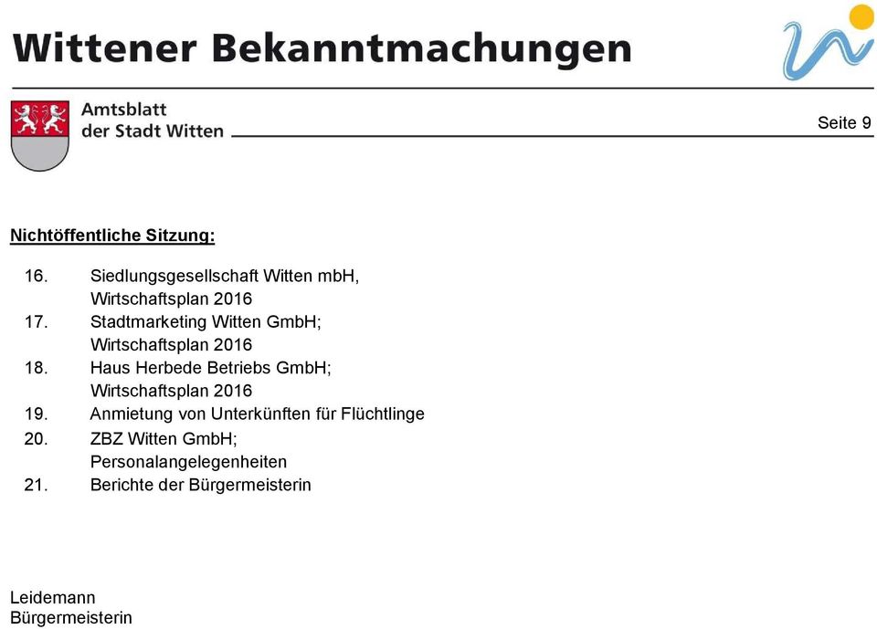 Stadtmarketing Witten GmbH; Wirtschaftsplan 2016 18.