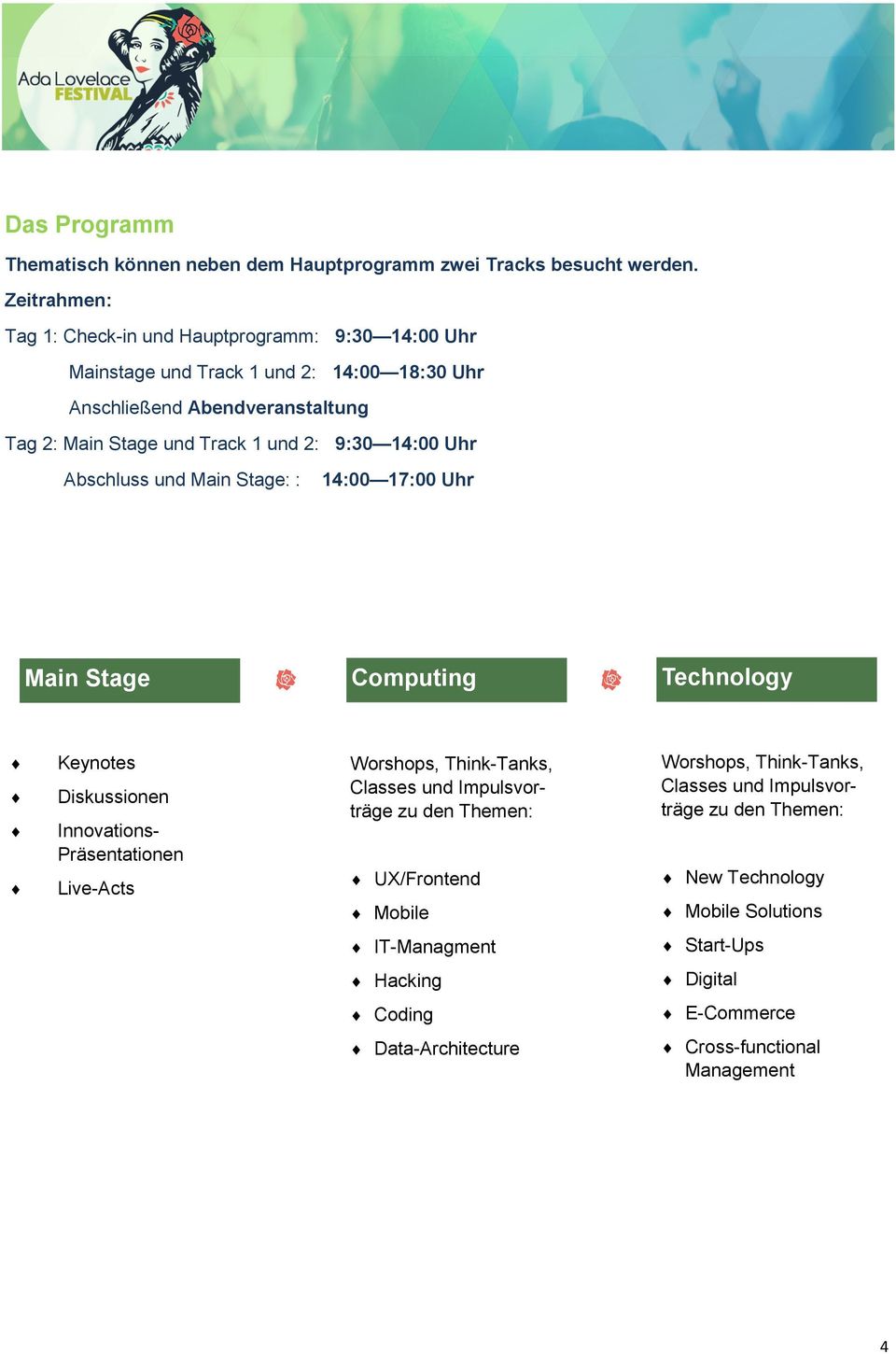 2: 9:30 14:00 Uhr Abschluss und Main Stage: : 14:00 17:00 Uhr Main Stage Computing Technology Keynotes Diskussionen Innovations- Präsentationen Live-Acts Worshops,