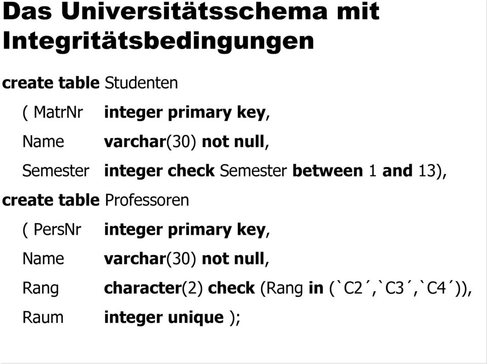 between 1 and 13), create table Professoren ( PersNr integer primary key, Name Rang