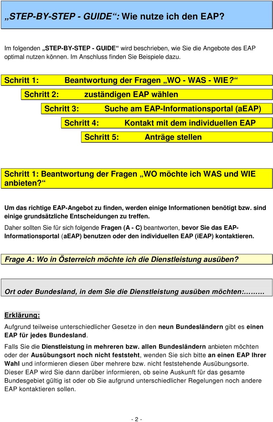 Schritt 2: zuständigen EAP wählen Schritt 3: Suche am EAP-Informationsportal (aeap) Schritt 4: Kontakt mit dem individuellen EAP Schritt 5: Anträge stellen Schritt 1: Beantwortung der Fragen WO