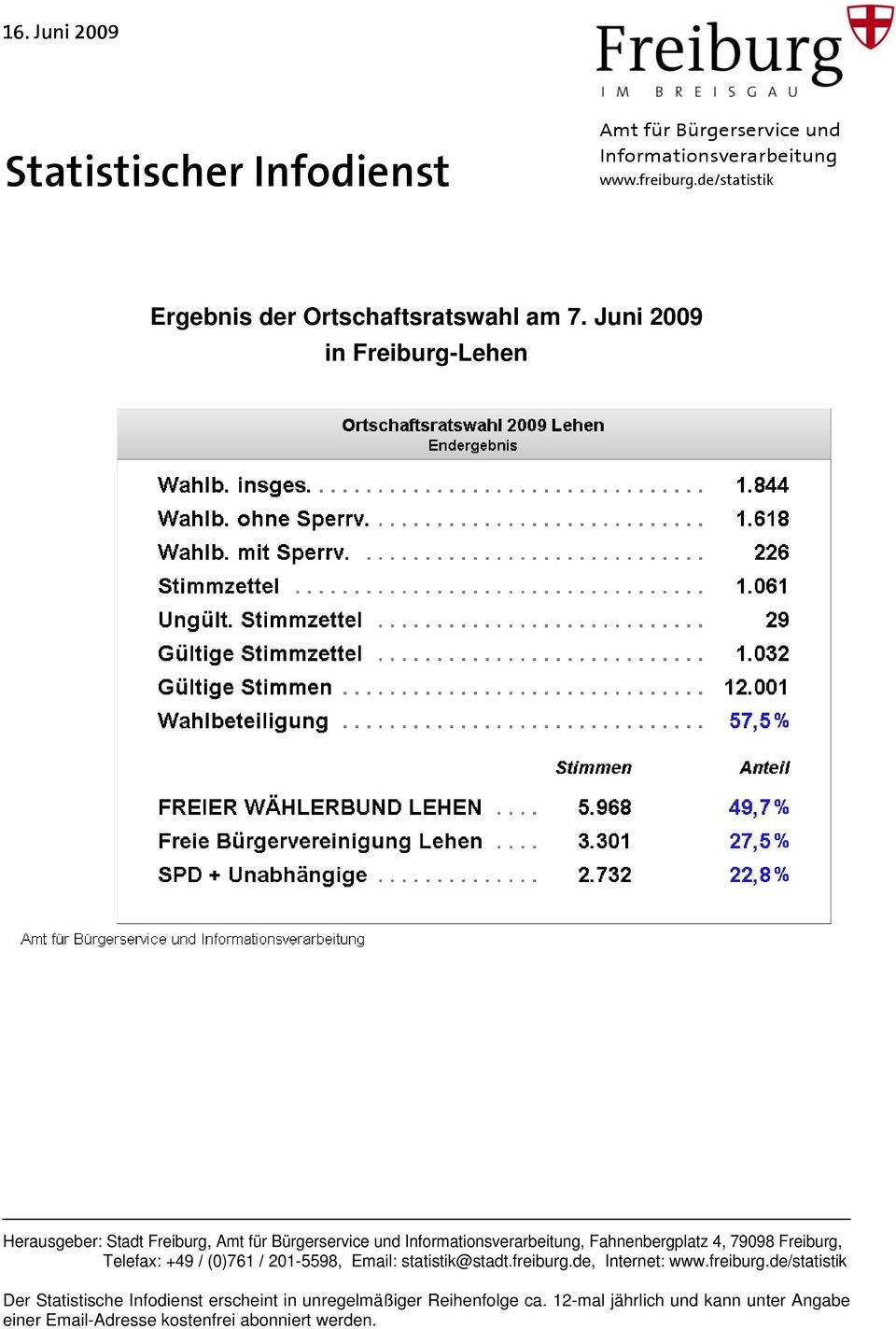 Juni 2009 in Freiburg-Lehen Herausgeber: Stadt Freiburg, Amt für Bürgerservice und Informationsverarbeitung, Fahnenbergplatz 4, 79098