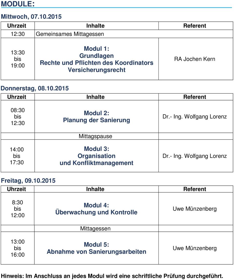 Donnerstag, 08.10.2015 08:30 12:30 Modul 2: Planung der Sanierung Dr.- Ing.