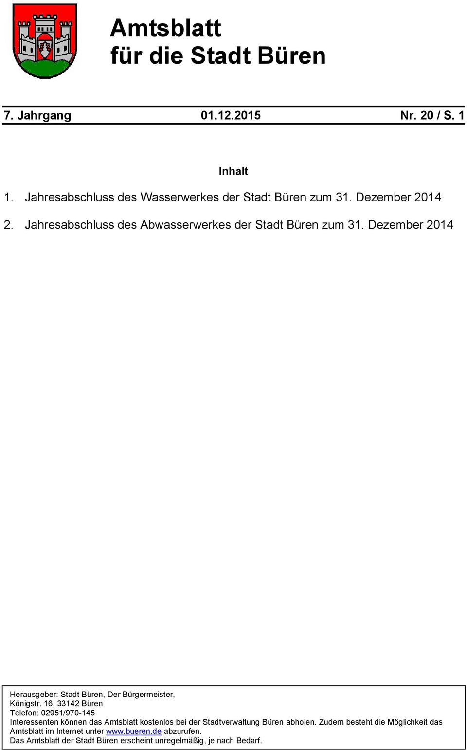 Dezember 2014 Herausgeber: Stadt Büren, Der Bürgermeister, Königstr.
