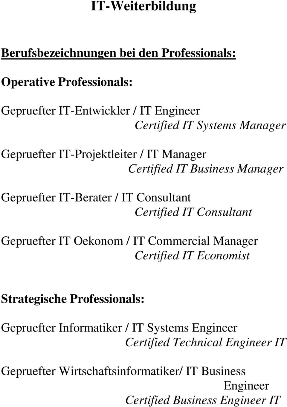 Consultant Gepruefter IT Oekonom / IT Commercial Manager Certified IT Economist Strategische Professionals: Gepruefter Informatiker