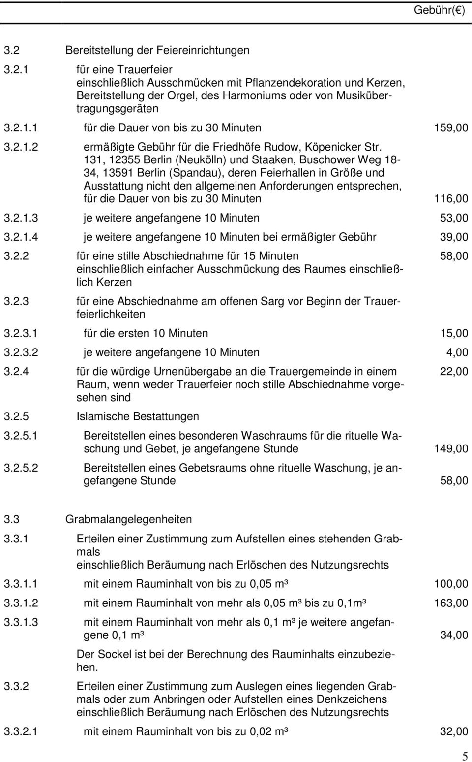 131, 12355 Berlin (Neukölln) und Staaken, Buschower Weg 18-34, 13591 Berlin (Spandau), deren Feierhallen in Größe und Ausstattung nicht den allgemeinen Anforderungen entsprechen, für die Dauer von