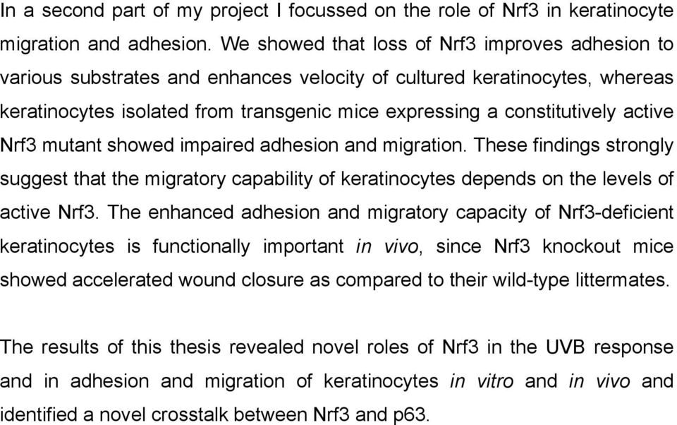 active Nrf3 mutant showed impaired adhesion and migration. These findings strongly suggest that the migratory capability of keratinocytes depends on the levels of active Nrf3.