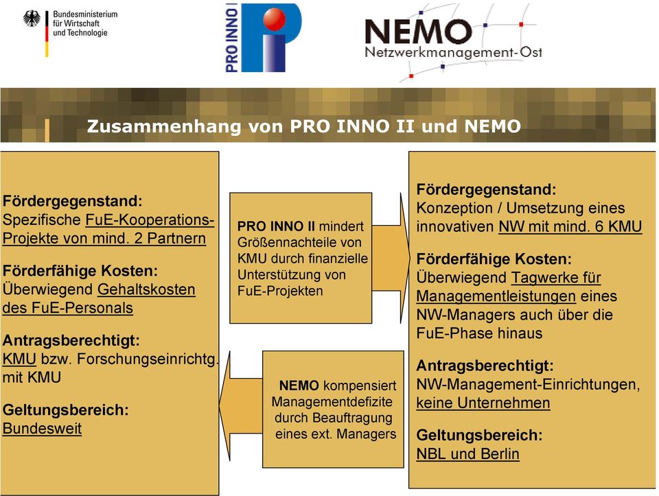 mit KMU Geltungsbereich: Bundesweit PRO INNO II mindert Größennachteile von KMU durch finanzielle Unterstützung von FuE-Projekten NEMO kompensiert Managementdefizite durch