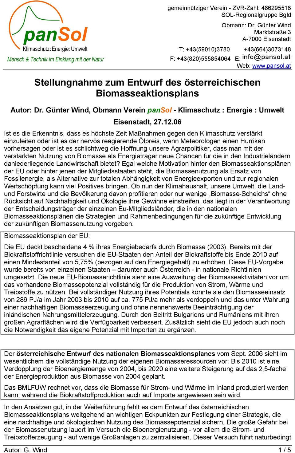 Günter Wind, Obmann Verein pansol - Klimaschutz : Energie : Umwelt Eisenstadt, 27.12.