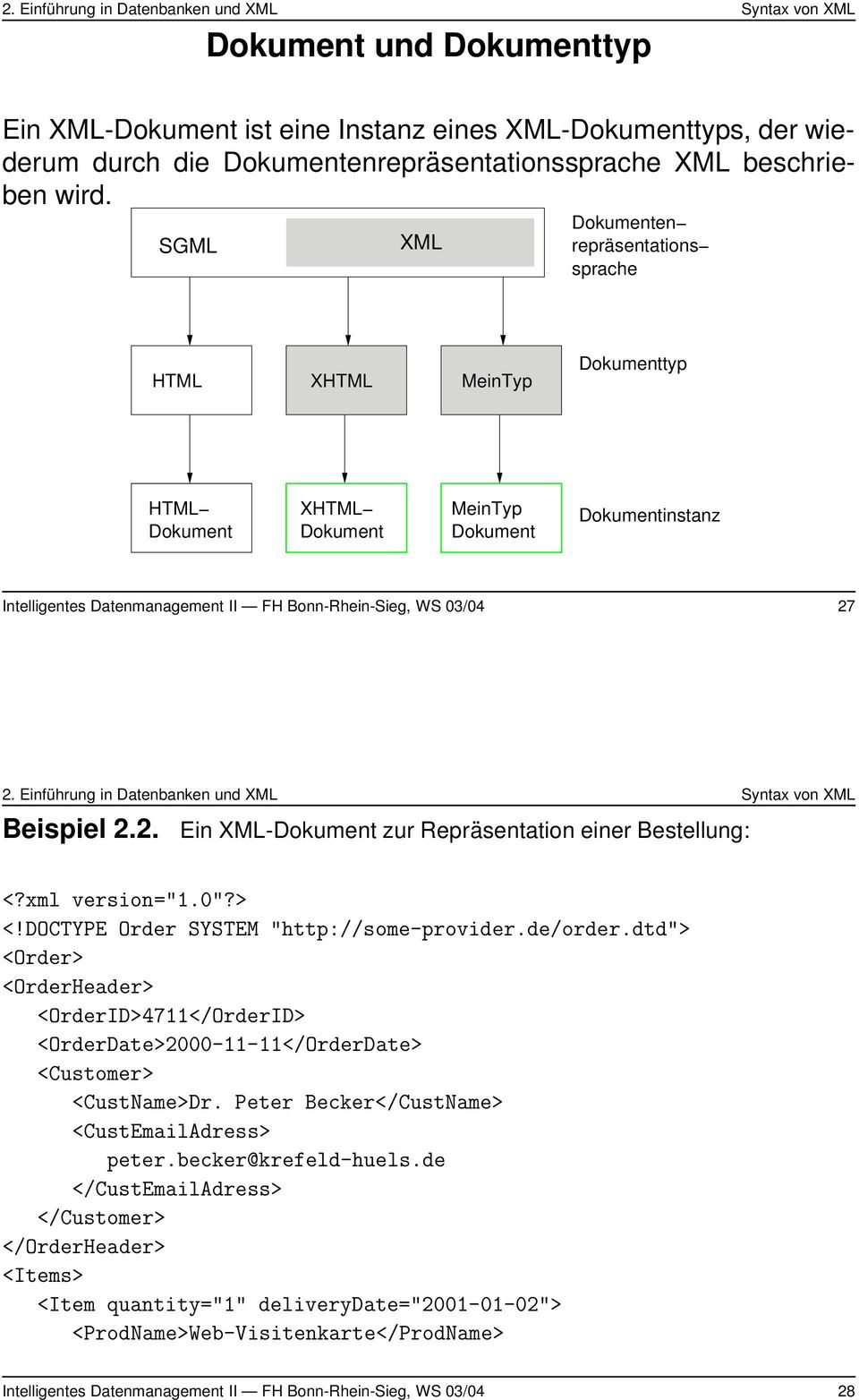 27 Beispiel 2.2. Ein XML-Dokument zur Repräsentation einer Bestellung: <?xml version="1.0"?> <!DOCTYPE Order SYSTEM "http://some-provider.de/order.