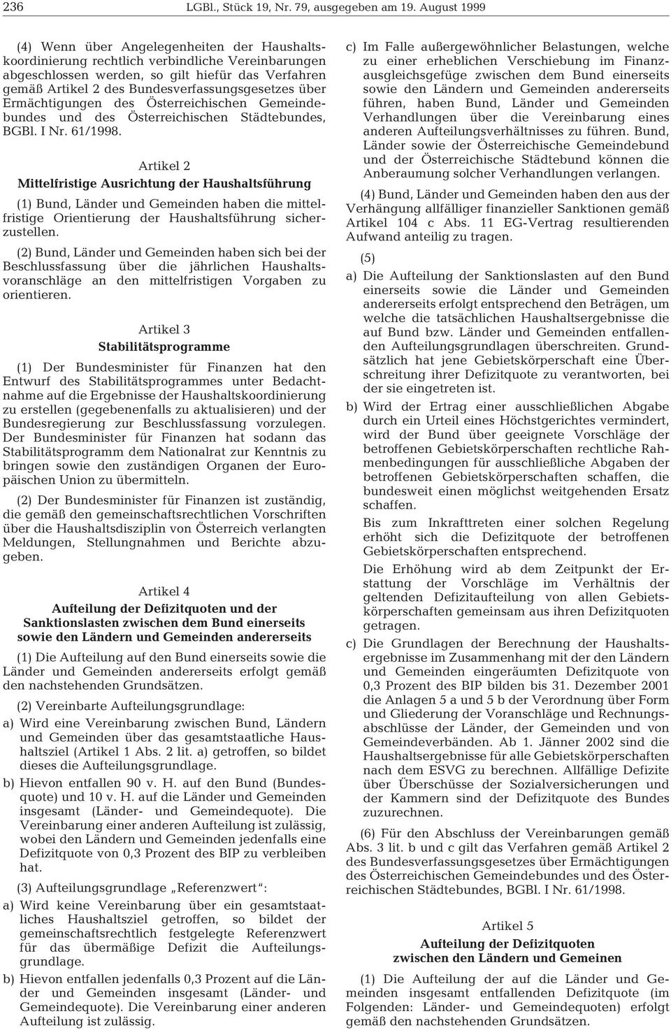 Bundesverfassungsgesetzes über Ermächtigungen des Österreichischen Gemeindebundes und des Österreichischen Städtebundes, BGBl. I Nr. 61/1998.