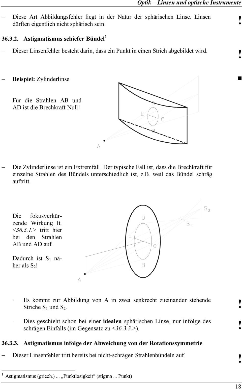 Beispiel: Zylinderlinse Für die Strahlen AB und AD ist die Brechkrat Null Die Zylinderlinse ist ein Extremall.