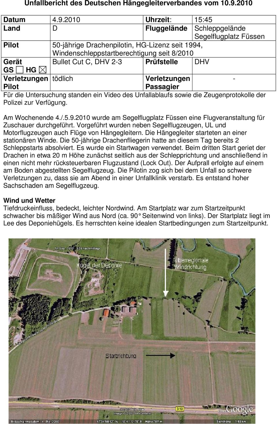 2010 Uhrzeit: 15:45 Land D Fluggelände Schleppgelände Segelflugplatz Füssen Pilot 50-jährige Drachenpilotin, HG-Lizenz seit 1994, Windenschleppstartberechtigung seit 8/2010 Gerät Bullet Cut C, DHV