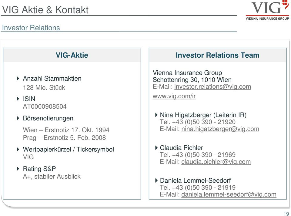 2008 Wertpapierkürzel / Tickersymbol VIG Rating S&P A+, stabiler Ausblick Investor Relations Team Vienna Insurance Group Schottenring 30, 1010 Wien E-Mail: