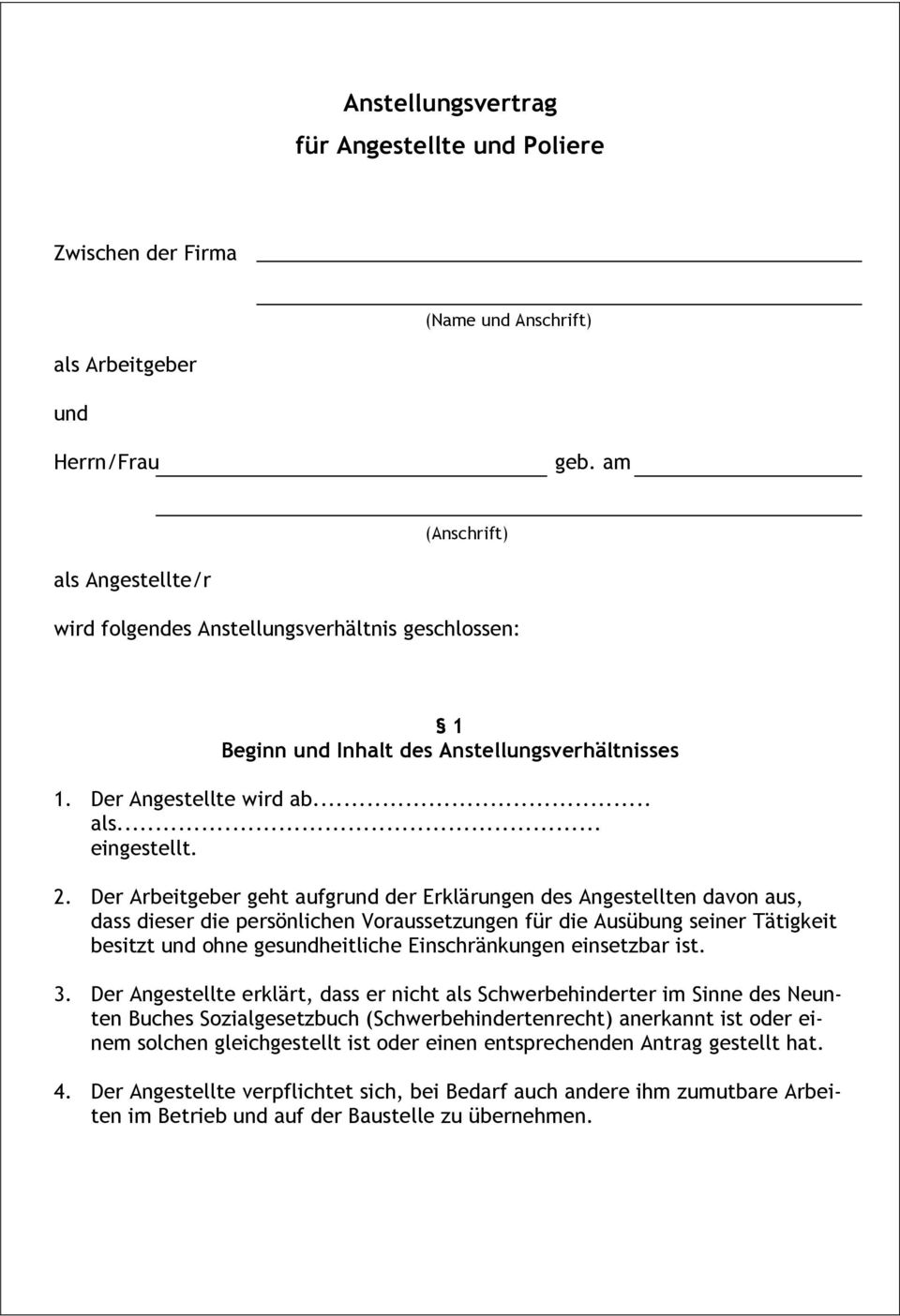 Anstellungsvertrag Fur Angestellte Und Poliere Pdf Kostenfreier Download