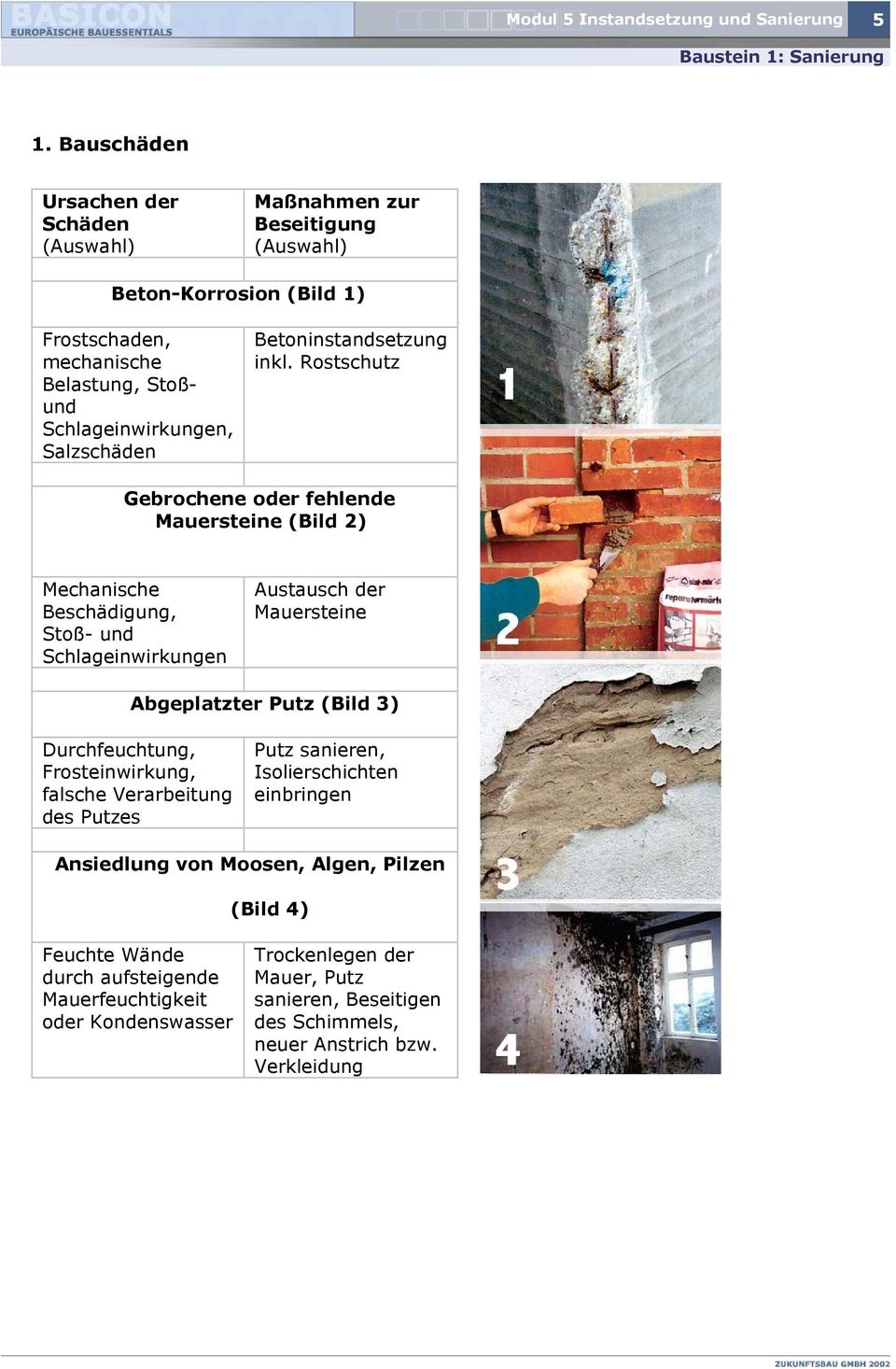 Rostschutz Gebrochene oder fehlende Mauersteine (Bild 2) Mechanische Beschädigung, Stoß- und Schlageinwirkungen Austausch der Mauersteine Abgeplatzter Putz (Bild 3)