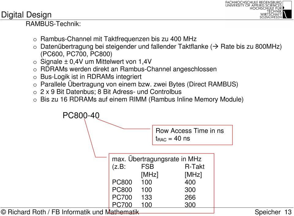 zwei Bytes (Direct RAMBUS) o 2 x 9 Bit Datenbus; 8 Bit Adress- und Controlbus o Bis zu 16 RDRAMs auf einem RIMM (Rambus Inline Memory Module) PC800-40 Row Access Time in ns t