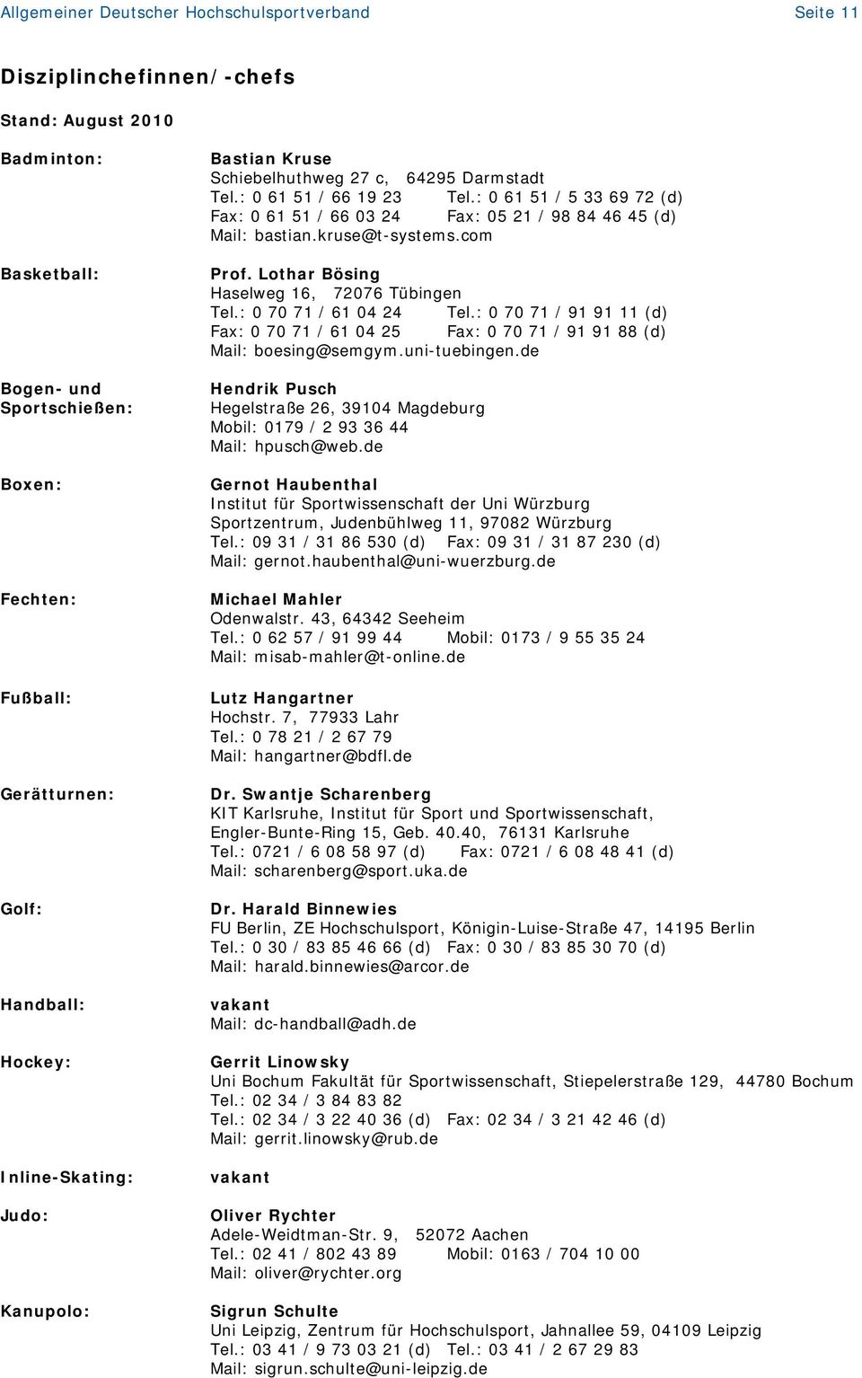 : 0 61 51 / 5 33 69 72 (d) Fax: 0 61 51 / 66 03 24 Fax: 05 21 / 98 84 46 45 (d) Mail: bastian.kruse@t-systems.com Prof. Lothar Bösing Haselweg 16, 72076 Tübingen Tel.: 0 70 71 / 61 04 24 Tel.