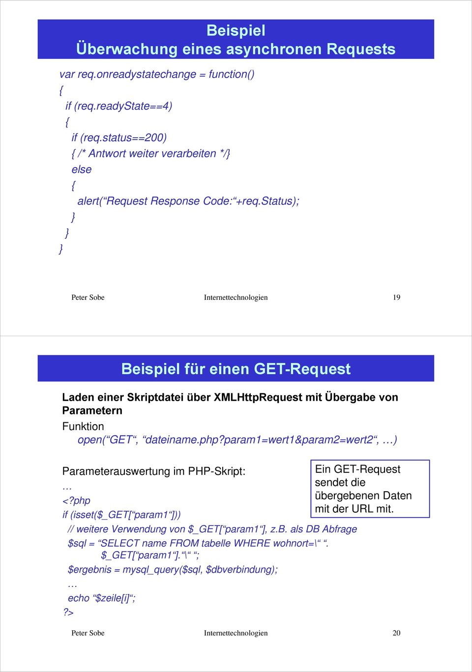 status); 19 Beispiel für einen GET-Request Laden einer Skriptdatei über XMLHttpRequest mit Übergabe von Parametern Funktion open( GET, dateiname.php?