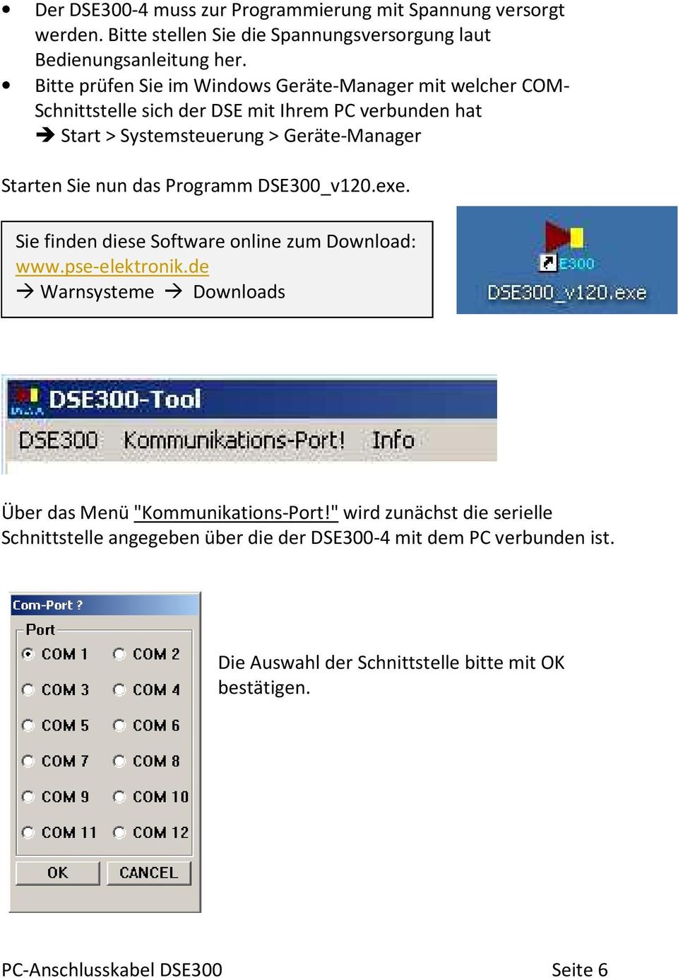 Sie nun das Programm DSE300_v120.exe. Sie finden diese Software online zum Download: www.pse-elektronik.de Warnsysteme Downloads Über das Menü "Kommunikations-Port!
