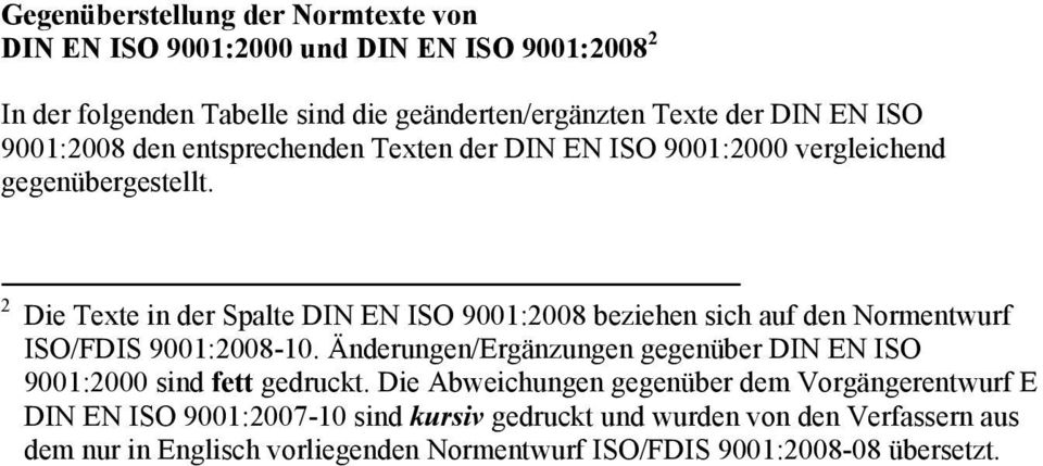 2 Die Texte in der Spalte DIN EN ISO 9001:2008 beziehen sich auf den Normentwurf ISO/FDIS 9001:2008-10.