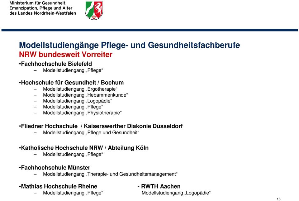 Hochschule / Kaiserswerther Diakonie Düsseldorf Modellstudiengang Pflege und Gesundheit Katholische Hochschule NRW / Abteilung Köln Modellstudiengang Pflege