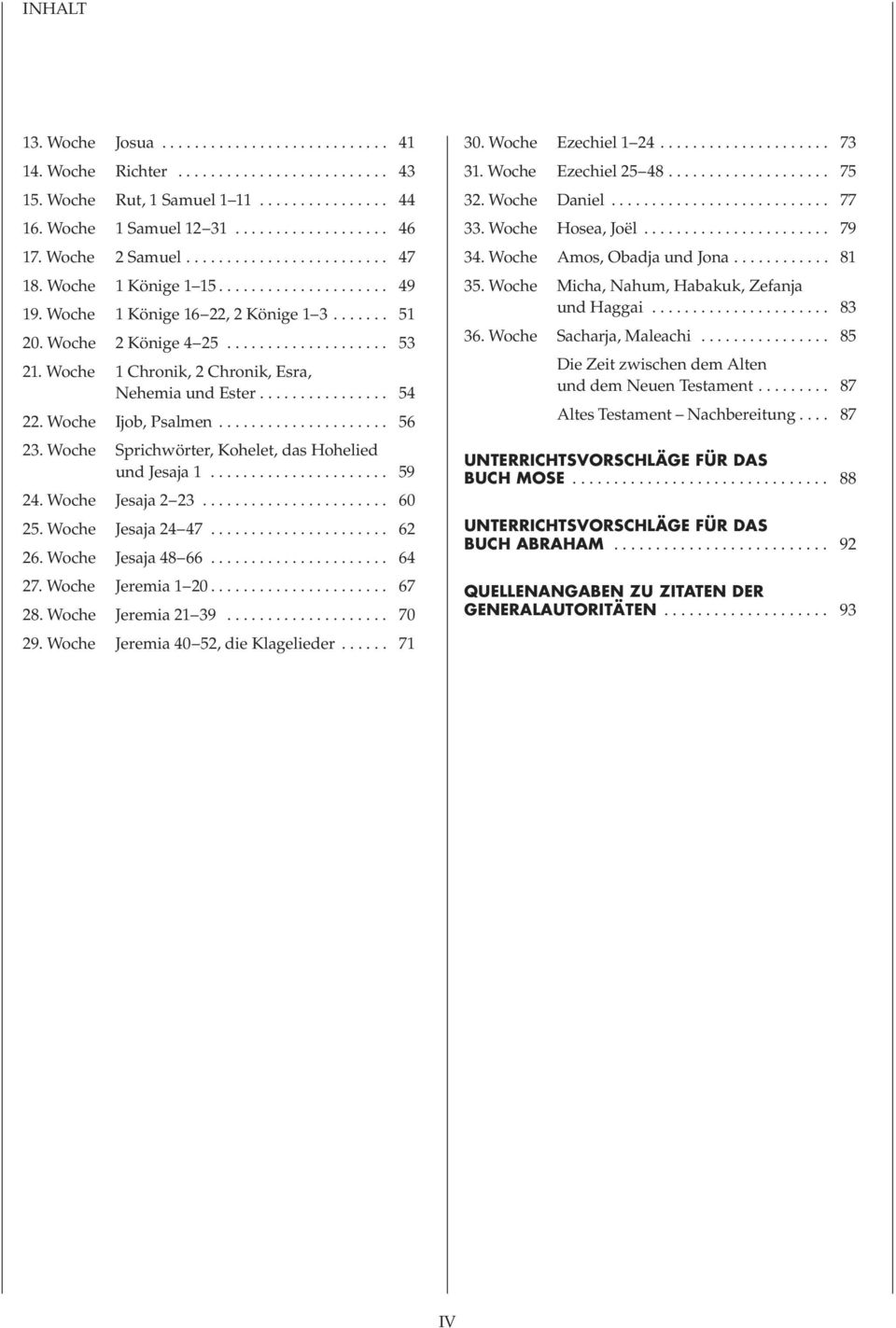 Woche 1 Chronik, 2 Chronik, Esra, Nehemia und Ester................ 54 22. Woche Ijob, Psalmen..................... 56 23. Woche Sprichwörter, Kohelet, das Hohelied und Jesaja 1...................... 59 24.