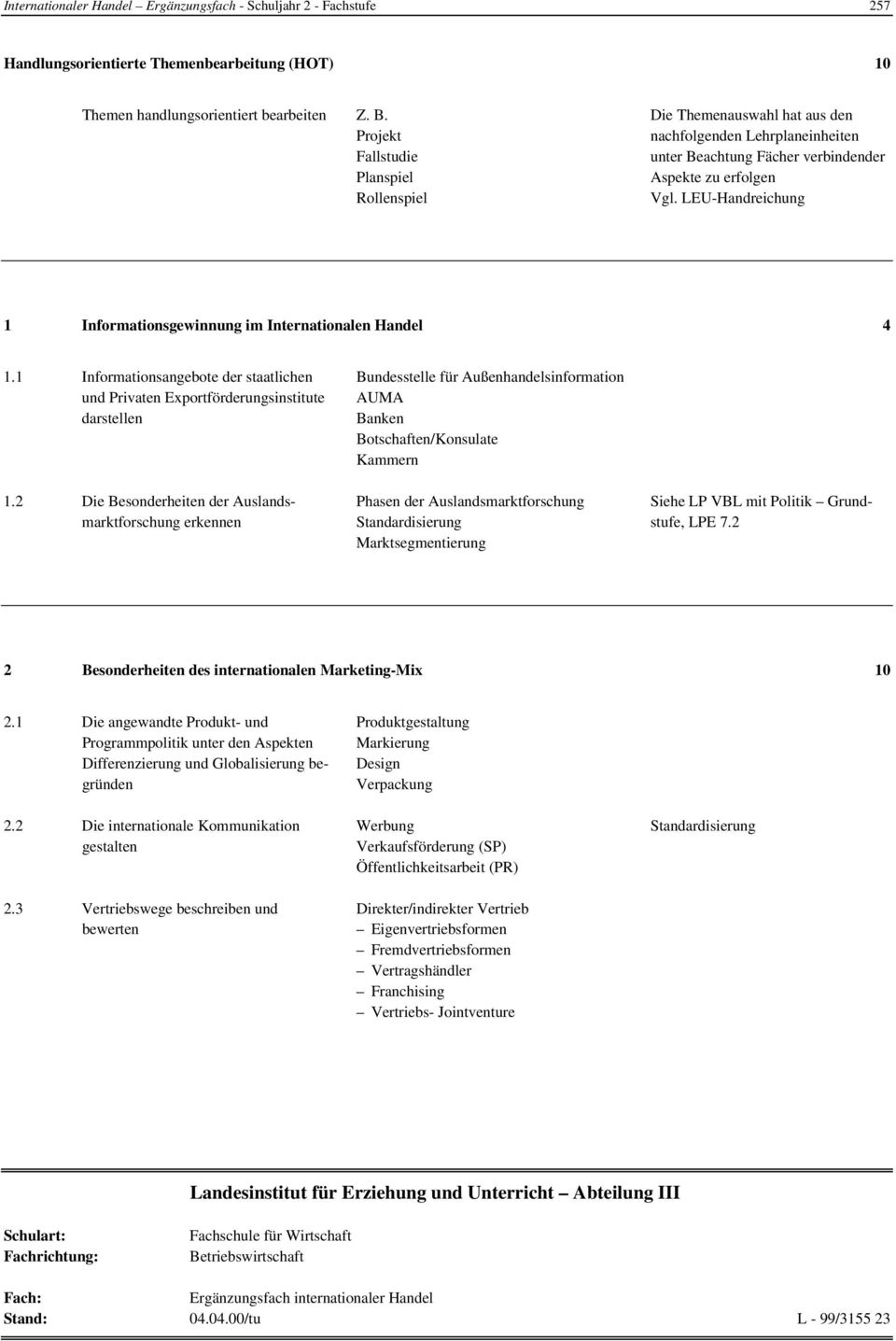 LEU-Handreichung 1 Informationsgewinnung im Internationalen Handel 4 1.1 Informationsangebote der staatlichen und Privaten Exportförderungsinstitute darstellen 1.