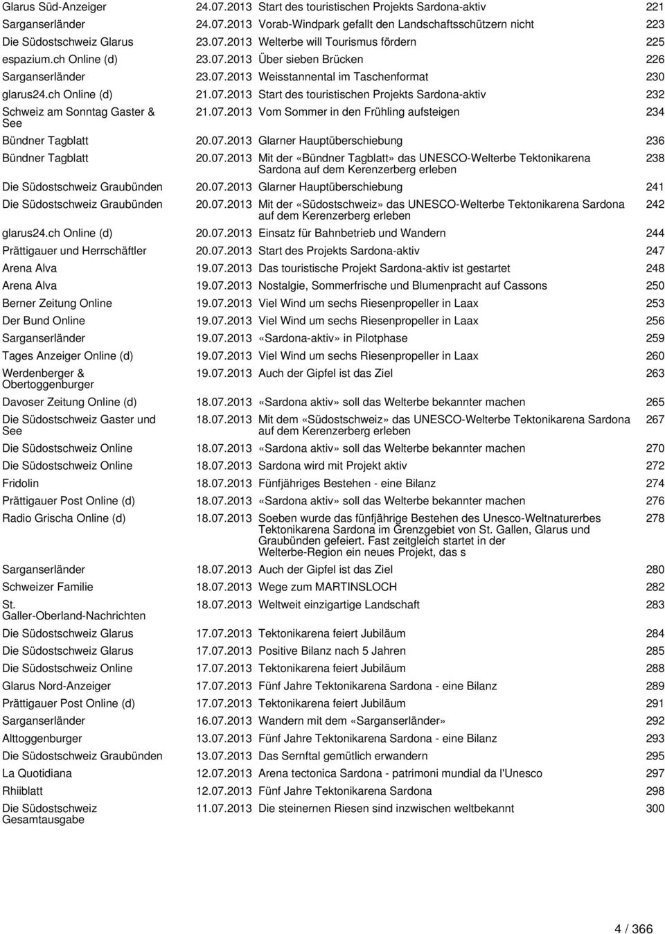 07.2013 Vom Sommer in den Frühling aufsteigen 234 Bündner Tagblatt 20.07.2013 Glarner Hauptüberschiebung 236 Bündner Tagblatt 20.07.2013 Mit der «Bündner Tagblatt» das UNESCO-Welterbe Tektonikarena Sardona auf dem Kerenzerberg erleben Die Südostschweiz Graubünden 20.