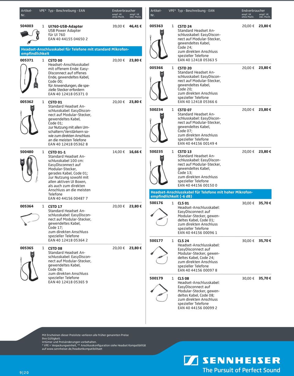 Headset Anschlusskabel: EasyDisconnect auf Modular-Stecker, gewendeltes Kabel, Code 01; zur Nutzung mit allen Umschaltern/Verstärkern sowie an die meisten Telefone EAN 40 12418 05362 8 500480 1 CSTd