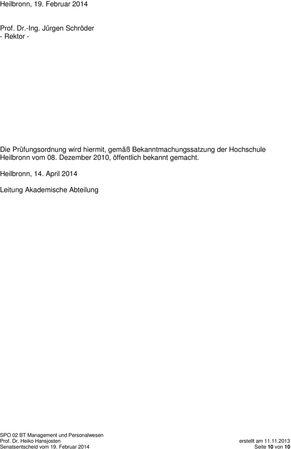 Bekanntmachungssatzung der Hochschule Heilbronn vom 08.