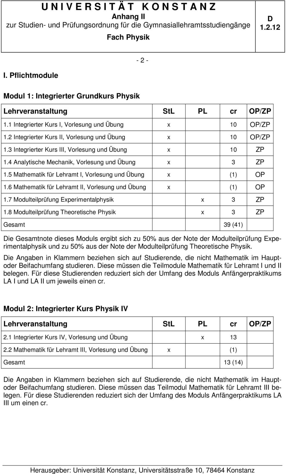 6 Mathematik für Lehramt II, Vorlesung und Übung (1) OP 1.7 Modulteilprüfung Eperimentalphysik 3 ZP 1.
