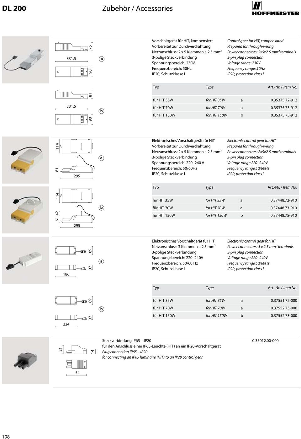 5 mm² terminals 3-pin plug connection Voltage range: 230V Frequency range: 50Hz IP20, protection class I Art.-Nr. / Item No. 331,5 81 90 b für HIT 35W for HIT 35W a 0.35375.