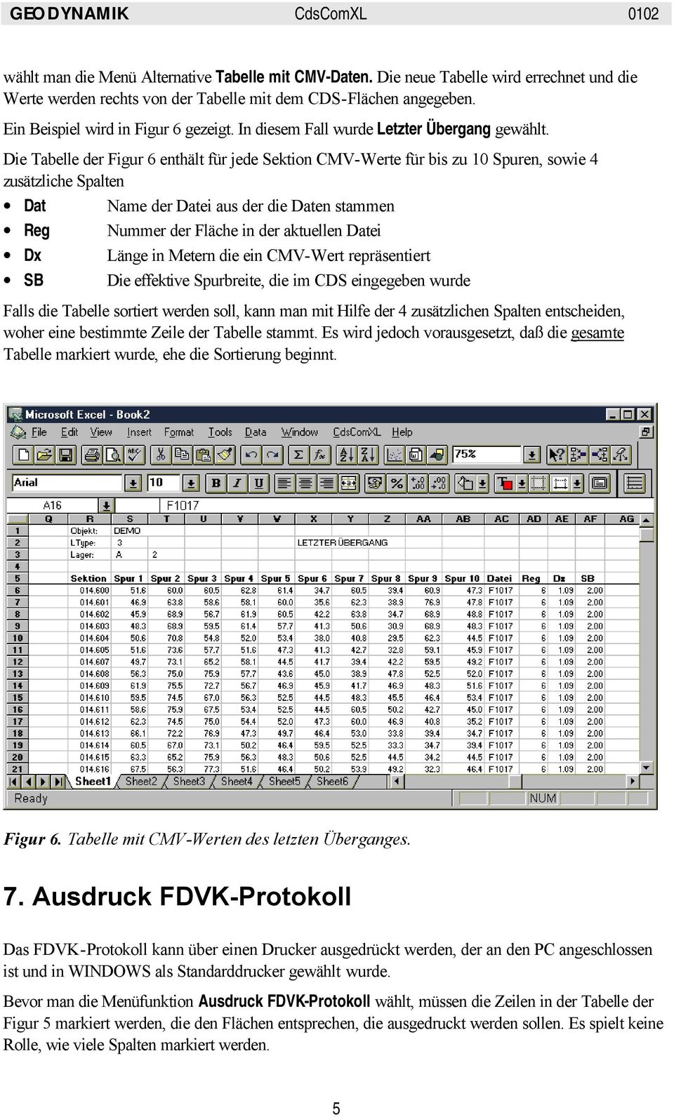 Die Tabelle der Figur 6 enthält für jede Sektion CMV-Werte für bis zu 10 Spuren, sowie 4 zusätzliche Spalten Dat Name der Datei aus der die Daten stammen Reg Nummer der Fläche in der aktuellen Datei