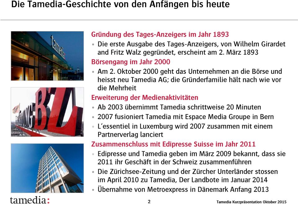 Oktober 2000 geht das Unternehmen an die Börse und heisst neu Tamedia AG; die Gründerfamilie hält nach wie vor die Mehrheit Erweiterung der Medienaktivitäten Ab 2003 übernimmt Tamedia schrittweise 20