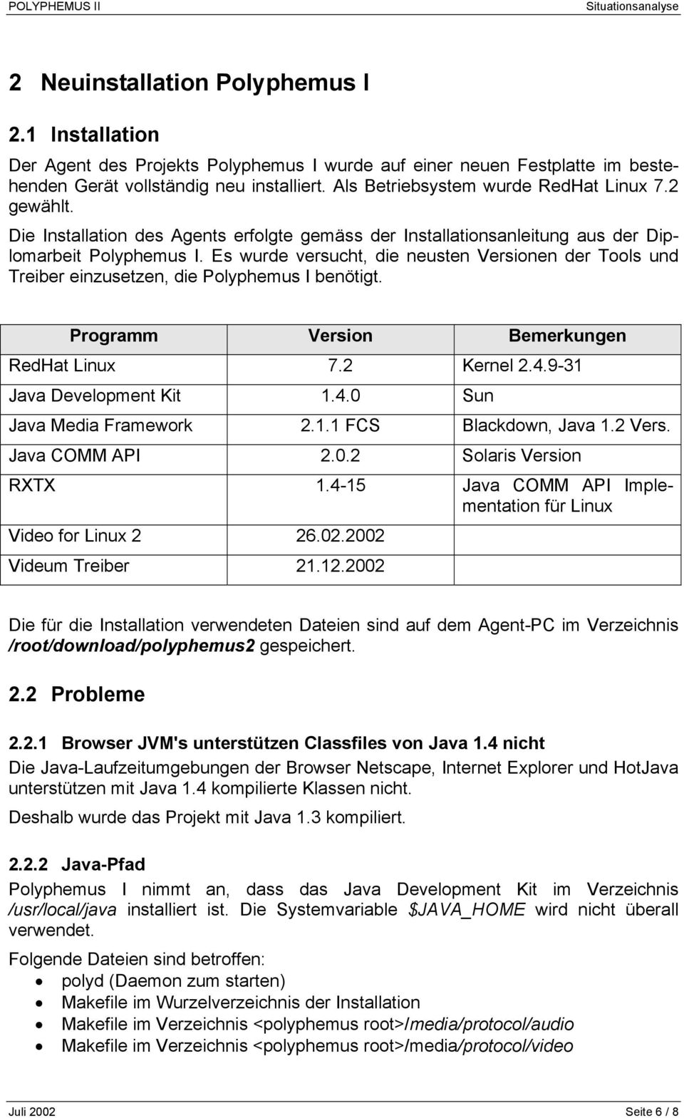 Es wurde versucht, die neusten Versionen der Tools und Treiber einzusetzen, die Polyphemus I benötigt. Programm Version Bemerkungen RedHat Linux 7.2 Kernel 2.4.9-31 Java Development Kit 1.4.0 Sun Java Media Framework 2.