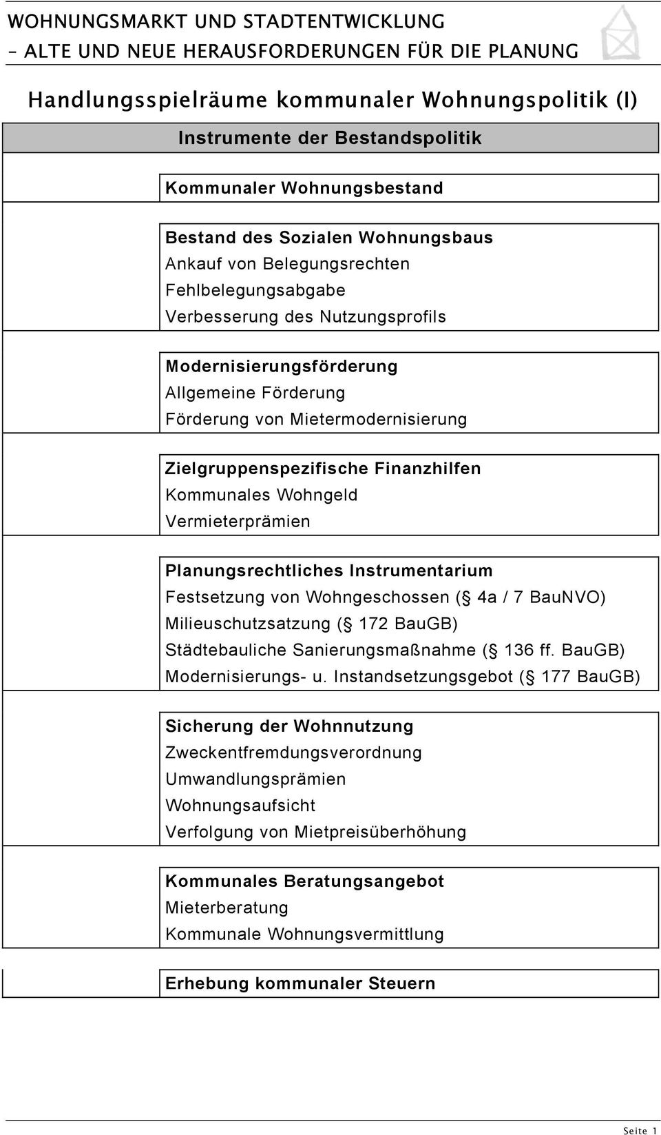 Planungsrechtliches Instrumentarium Festsetzung von Wohngeschossen ( 4a / 7 BauNVO) Milieuschutzsatzung ( 172 BauGB) Städtebauliche Sanierungsmaßnahme ( 136 ff. BauGB) Modernisierungs- u.