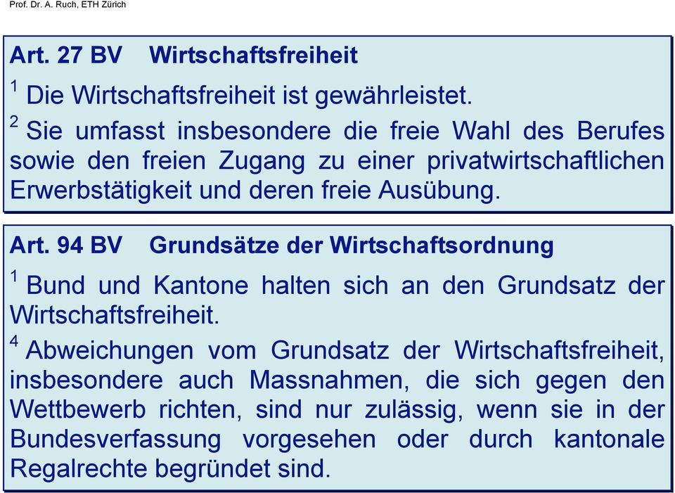 Ausübung. Art. 94 BV Grundsätze der Wirtschaftsordnung 1 Bund und Kantone halten sich an den Grundsatz der Wirtschaftsfreiheit.