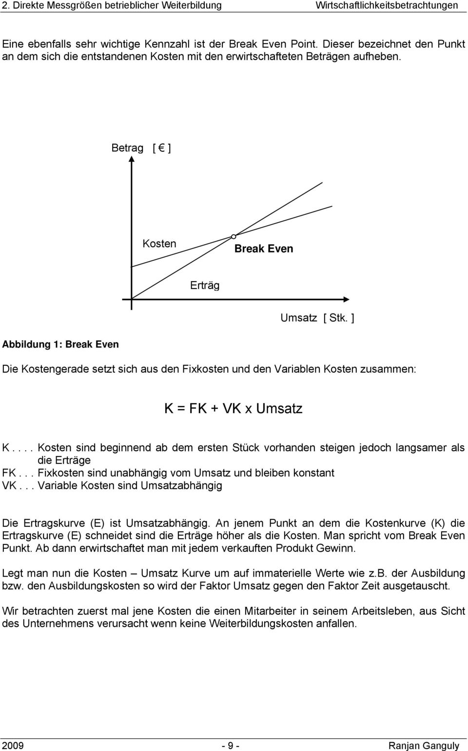 ] Abbildung 1: Break Even Die Kostengerade setzt sich aus den Fixkosten und den Variablen Kosten zusammen: K = FK + VK x Umsatz K.