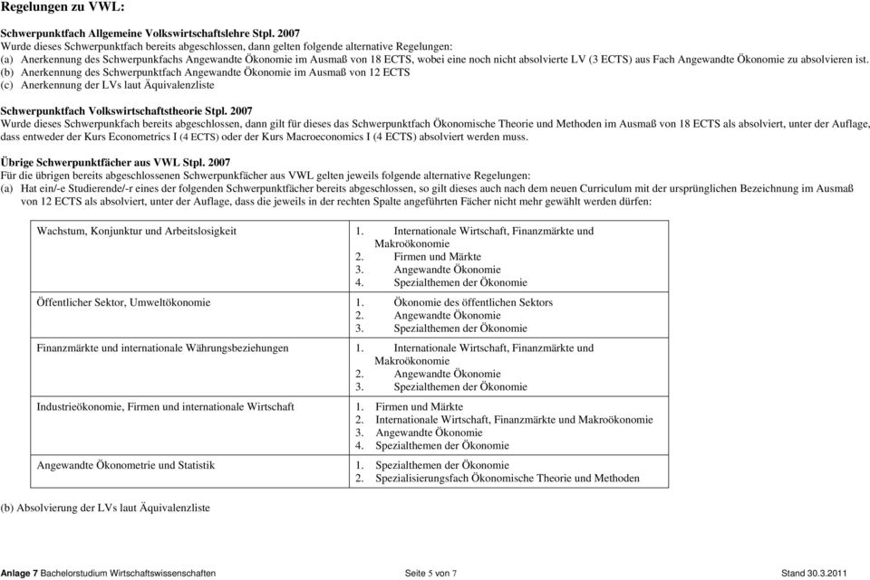 nicht absolvierte LV (3 ECTS) aus Fach Angewandte Ökonomie zu absolvieren ist.