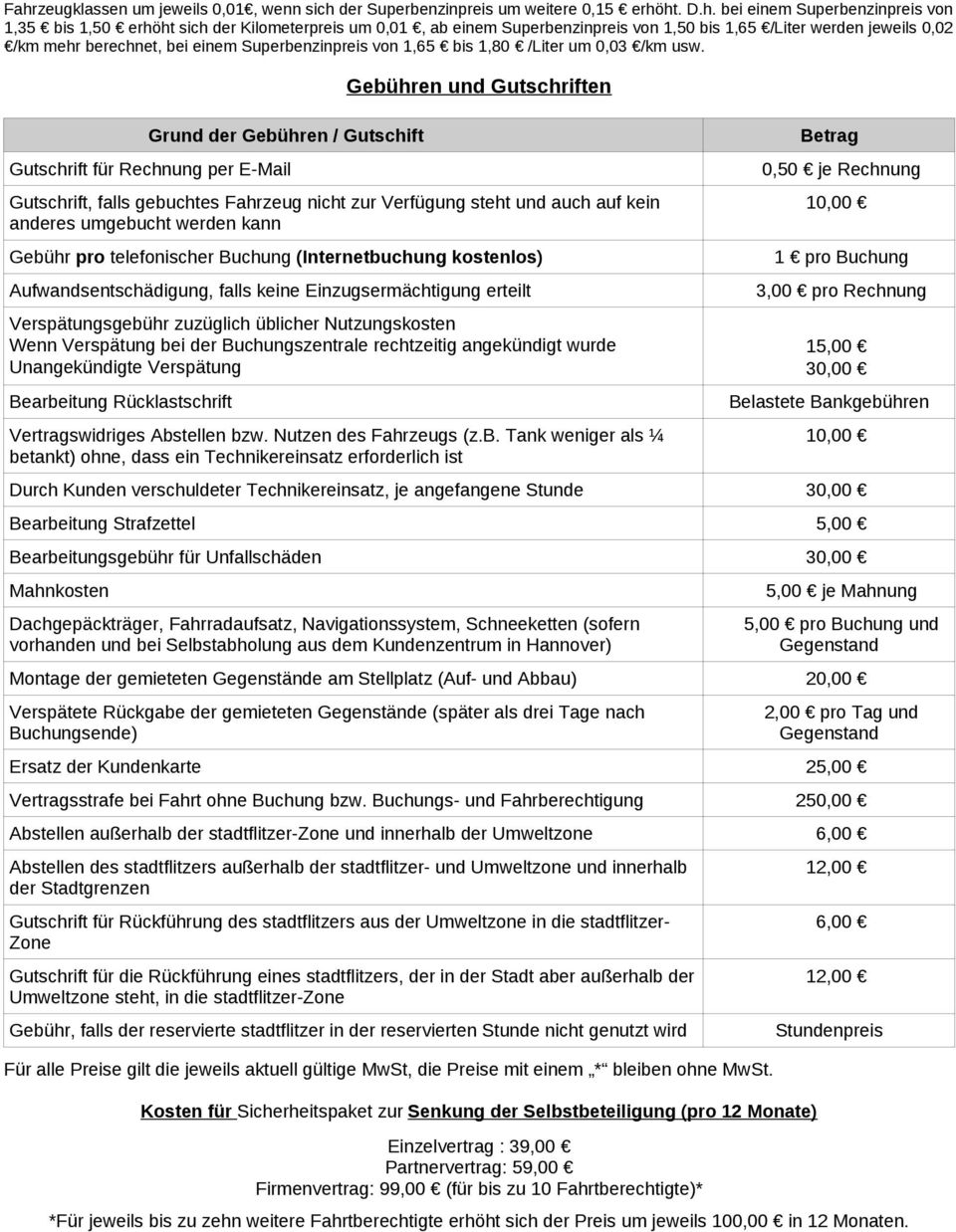 Gebühren und Gutschriften Grund der Gebühren / Gutschift Gutschrift für Rechnung per E-Mail Betrag 0,50 je Rechnung Gutschrift, falls gebuchtes Fahrzeug nicht zur Verfügung steht und auch auf kein