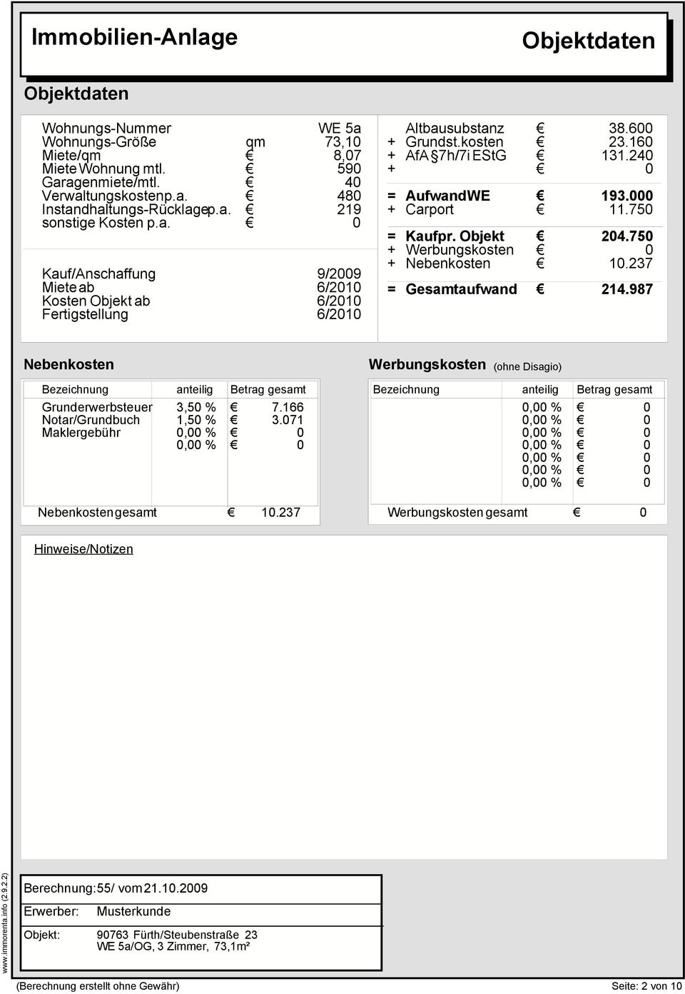 987 Nebenkosten Werbungskosten (ohne Disagio) Bezeichnung anteilig Betrag gesamt Grunderwerbsteuer Notar/Grundbuch Maklergebühr 3,50 % 1,50 % 7.166 3.