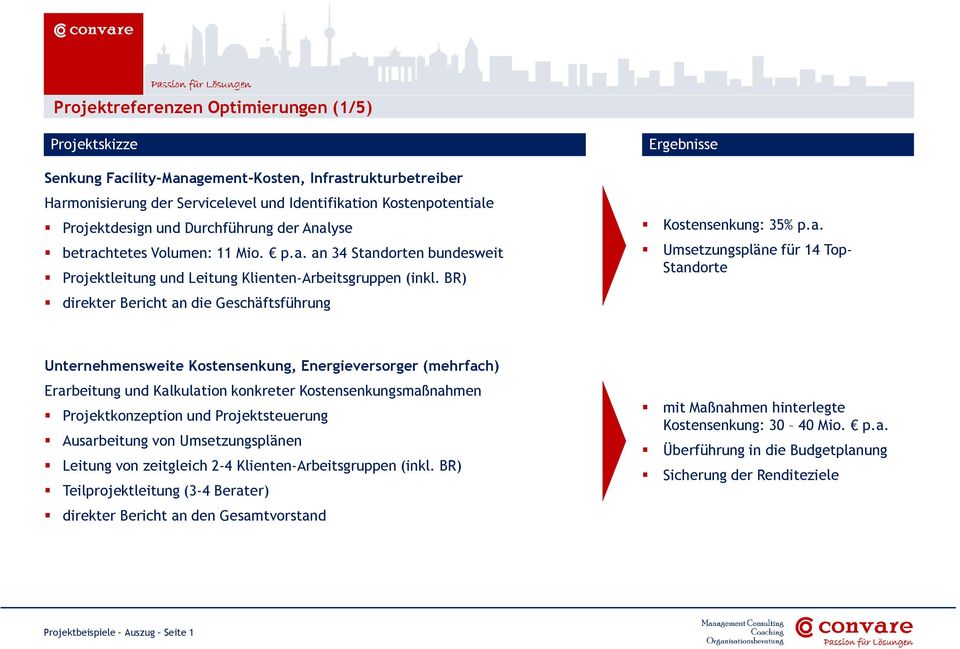 Umsetzungspläne für 14 Top- Standorte Unternehmensweite Kostensenkung, Energieversorger (mehrfach) Erarbeitung und Kalkulation konkreter Kostensenkungsmaßnahmen Projektkonzeption und Projektsteuerung