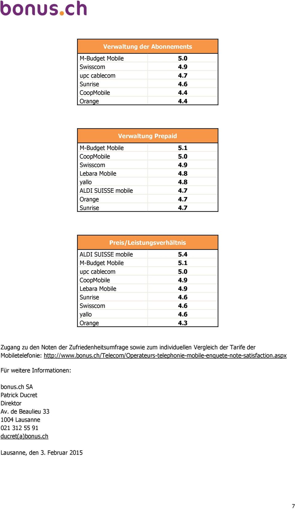 6 Swisscom 4.6 yallo 4.6 Orange 4.3 Zugang zu den Noten der Zufriedenheitsumfrage sowie zum individuellen Vergleich der Tarife der Mobiletelefonie: http://www.bonus.