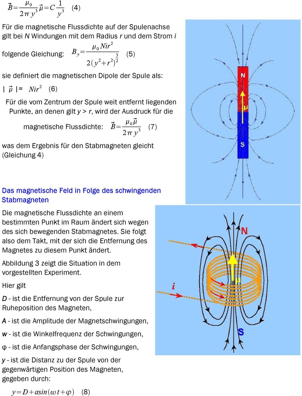 dem Ergebnis für den Stabmagneten gleicht (Gleichung 4) Das magnetische Feld in Folge des schwingenden Stabmagneten Die magnetische Flussdichte an einem bestimmten Punkt im Raum ändert sich wegen des